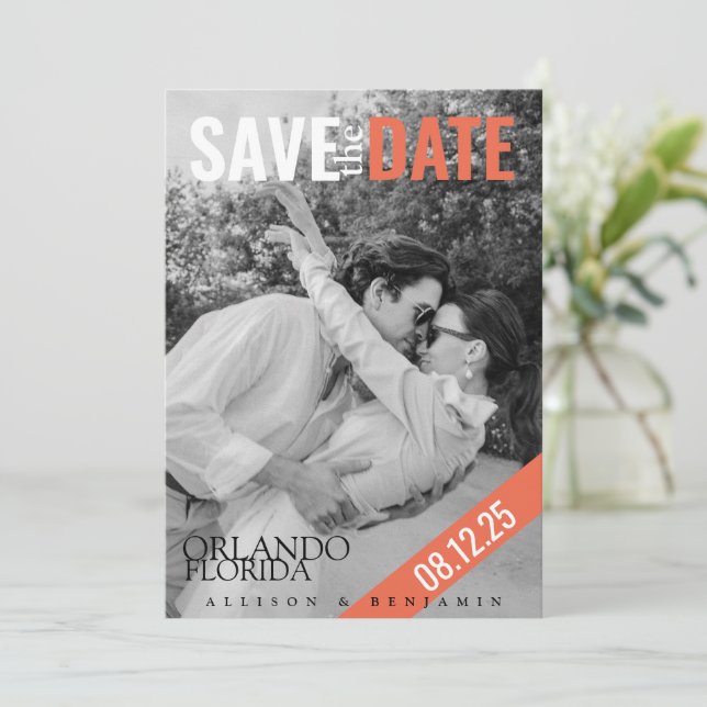 Minimalist, modern, elegant black and white photo save the date (Standing Front)