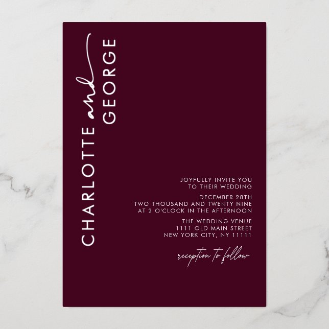 Minimalist Modern Elegant Burgundy Silver Wedding (Front)
