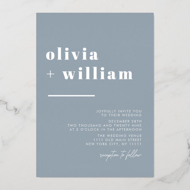 Minimalist Modern Elegant Dust Blue Silver Wedding (Front)