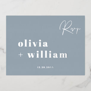 Minimalist Modern Elegant Dusty Blue Silver RSVP Foil Invitation Postcard