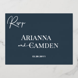 Minimalist Modern Elegant Navy Blue Silver RSVP Foil Invitation Postcard