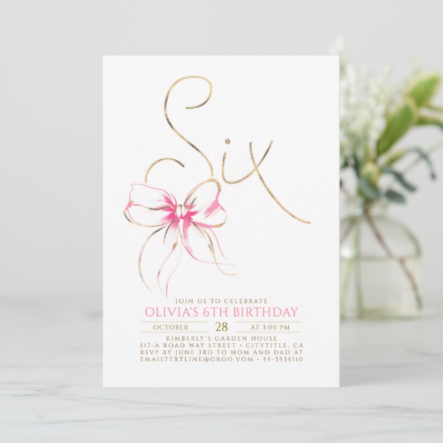 Minimalist Modern Elegant Pink Bow 6th Birthday Invitation (Standing Front)