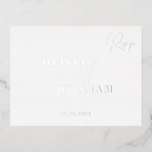 Minimalist Modern Elegant White Silver RSVP Foil Invitation Postcard