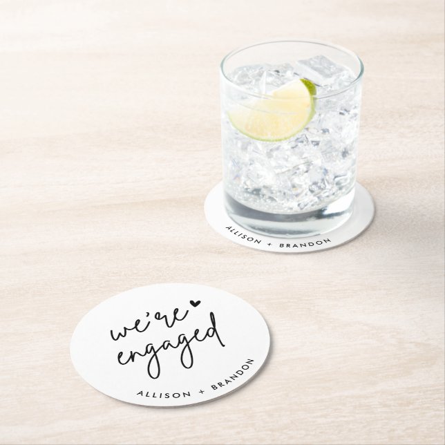 Minimalist Modern Engagement Party Engaged Round Paper Coaster (Insitu)