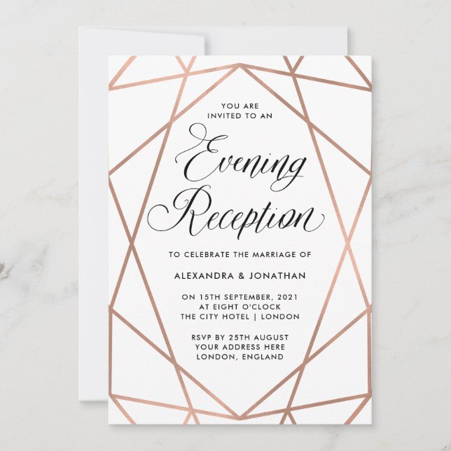 Minimalist Modern Faux Rose Gold Evening Reception Invitation (Front)