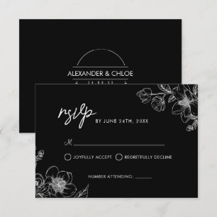 Minimalist Modern Floral Botanical Black Wedding RSVP Card