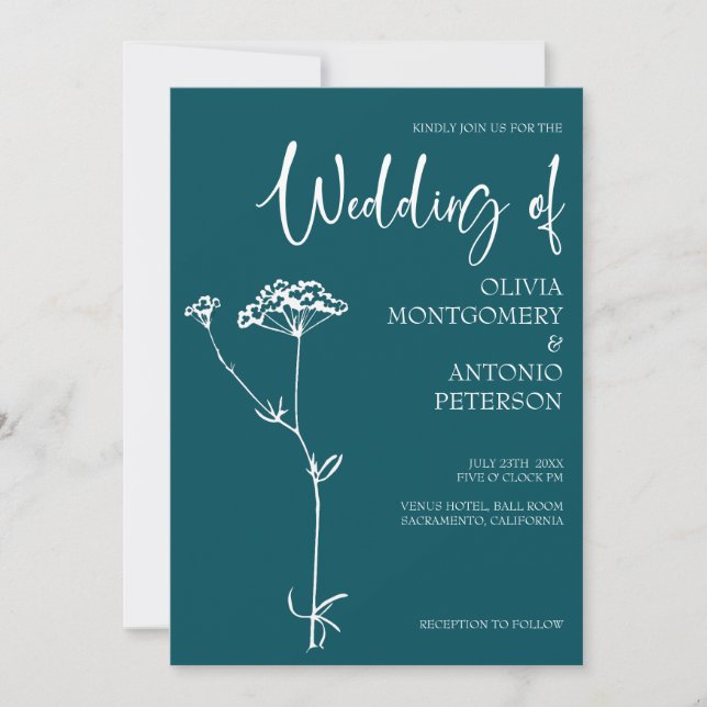 Minimalist Modern Floral Deep Teal Wedding  Invitation (Front)