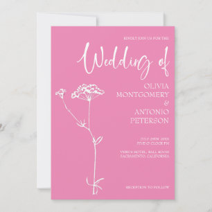 Minimalist Modern Floral Intensive Pink Wedding  Invitation