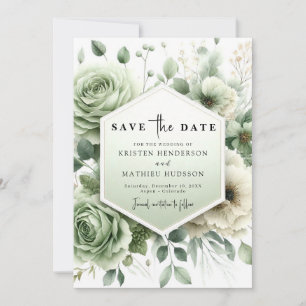 Minimalist Modern Floral Sage Green Wedding Save The Date