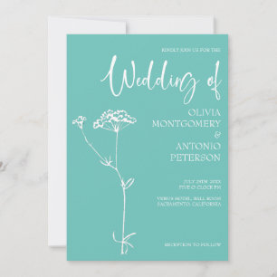 Minimalist Modern Floral Turquoise Wedding Invitation