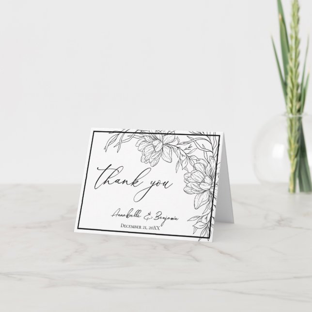 Minimalist Modern Floral Wedding Reception Thank You Card (Front)