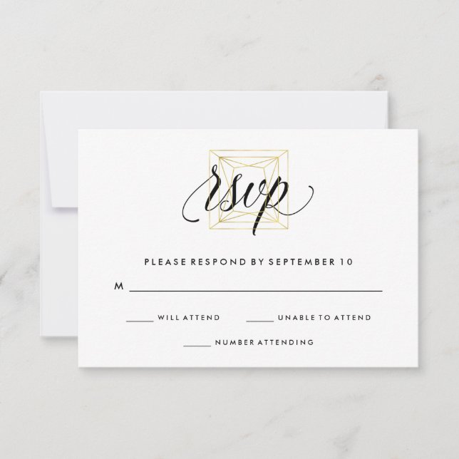 Minimalist Modern Geometric Diamond Faux Gold RSVP Card (Front)