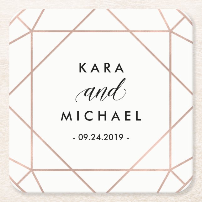 Minimalist Modern Geometric Diamond Wedding Square Paper Coaster (Front)