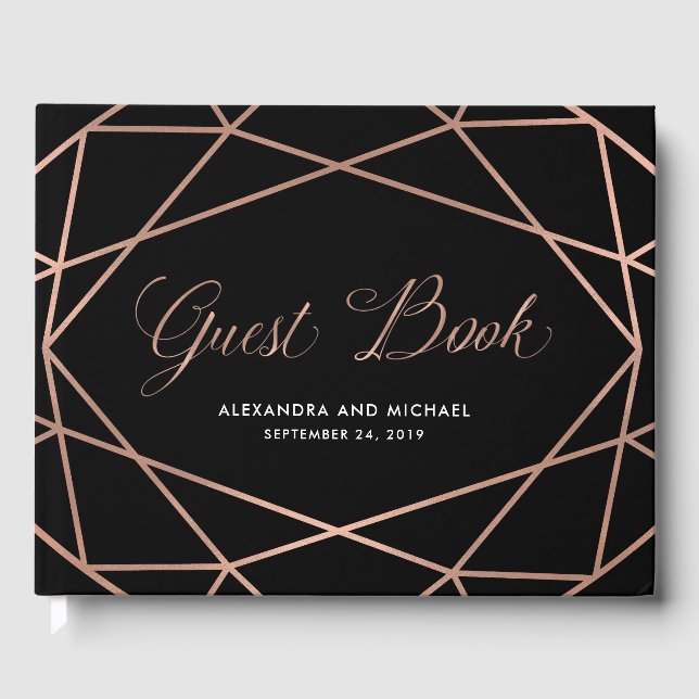 Minimalist Modern Geometric Faux Rose Gold | Black Guest Book (Front)