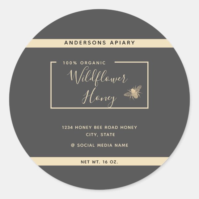 Minimalist Modern gold honey bee honey jar  Classi Classic Round Sticker (Front)