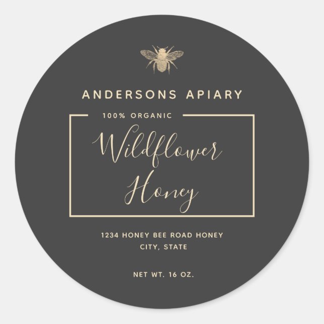 Minimalist Modern gold honey bee honey jar  Classic Round Sticker (Front)