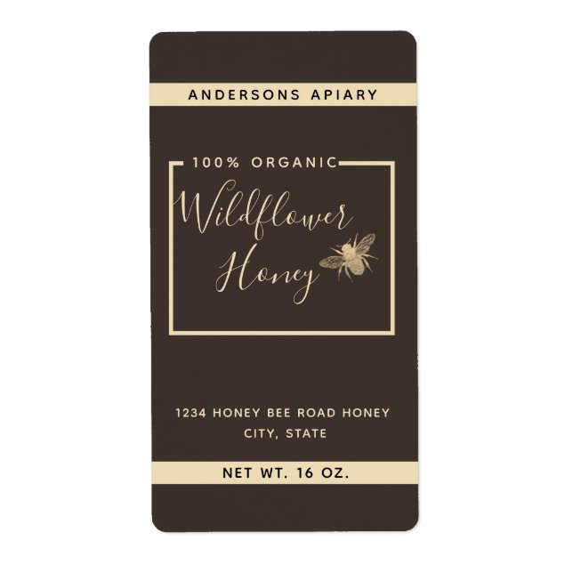 Minimalist Modern gold honey bee honey jar  Label (Front)