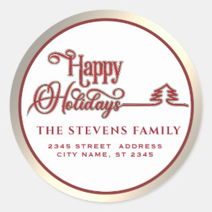 Minimalist modern gold red script Happy Holidays Classic Round Sticker