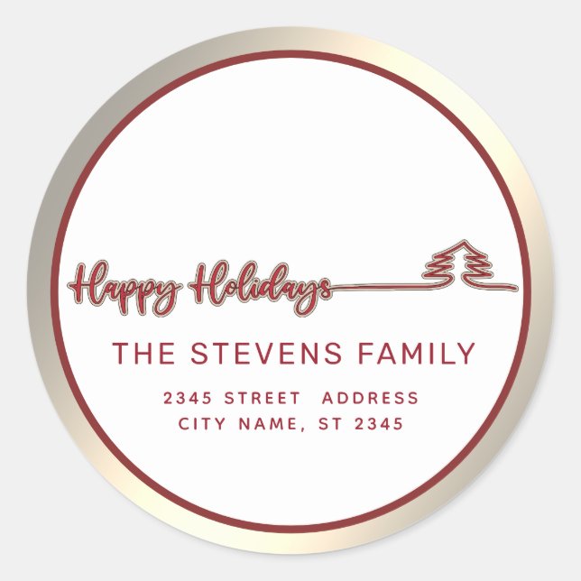 Minimalist modern gold red script Happy Holidays Classic Round Sticker (Front)