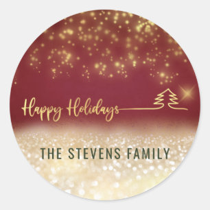 Minimalist modern gold script Happy Holidays red Classic Round Sticker