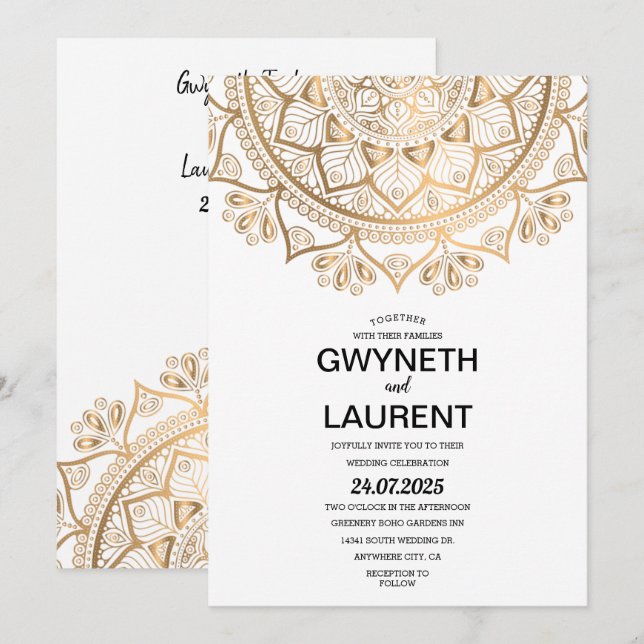 Minimalist Modern Golden Luxury Mandala Wedding Invitation (Front/Back)