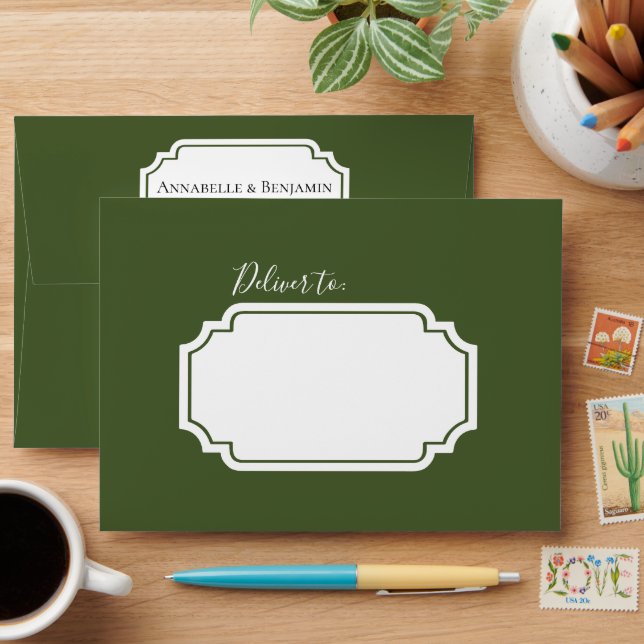 Minimalist Modern Green and White Floral Wedding Envelope (Desk)