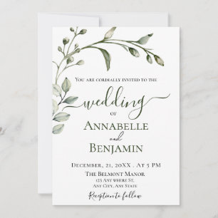 Minimalist Modern Green and White Floral Wedding Invitation