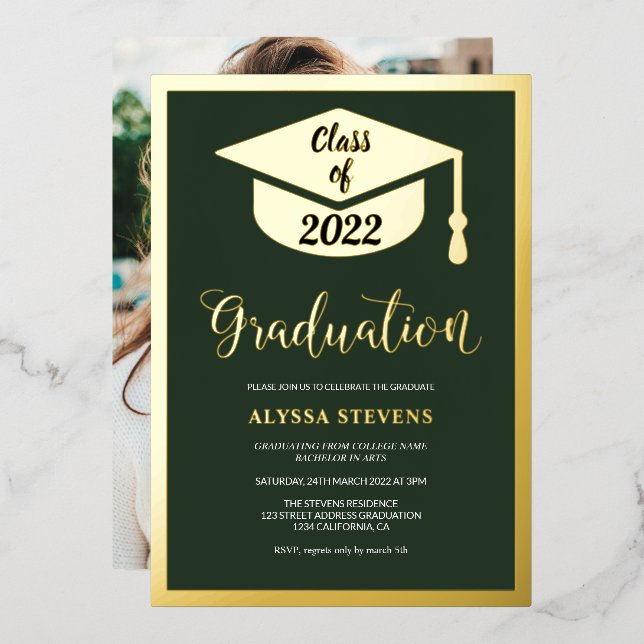 Minimalist modern green gold graduation photo (Front/Back)