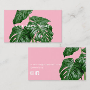 Minimalist modern green monstera on pink business card