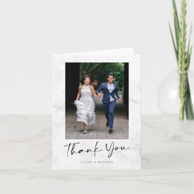Minimalist Modern Grey Marble Personalized Photo Thank You Card (Front)