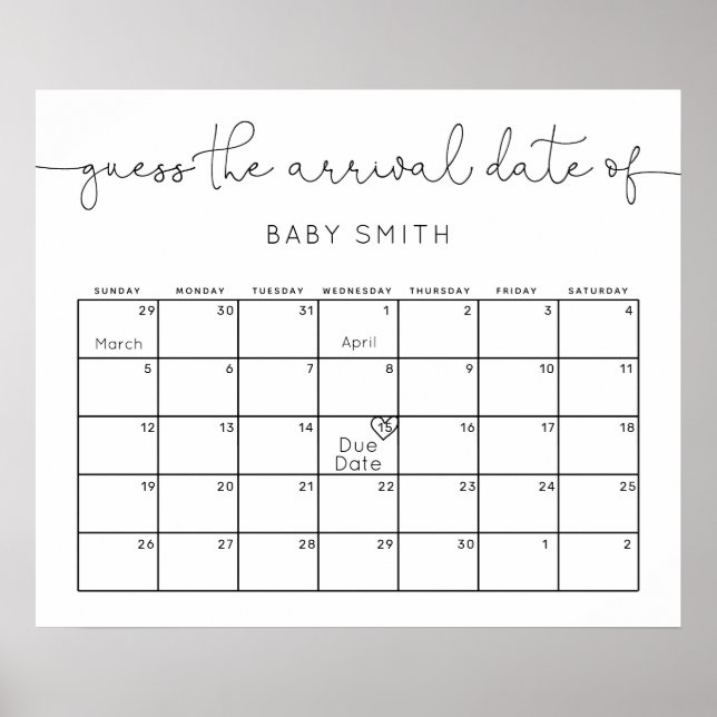 Minimalist Modern Guess Baby Due Date Calendar  Poster (Front)