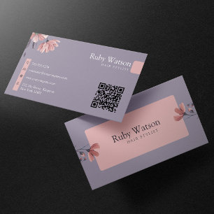 Minimalist Modern Hairstylist Black Floral QR Code Business Card