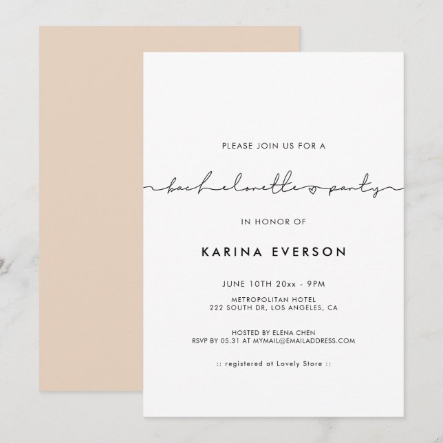 Minimalist modern handwritten Bachelorette Party Invitation (Front/Back)