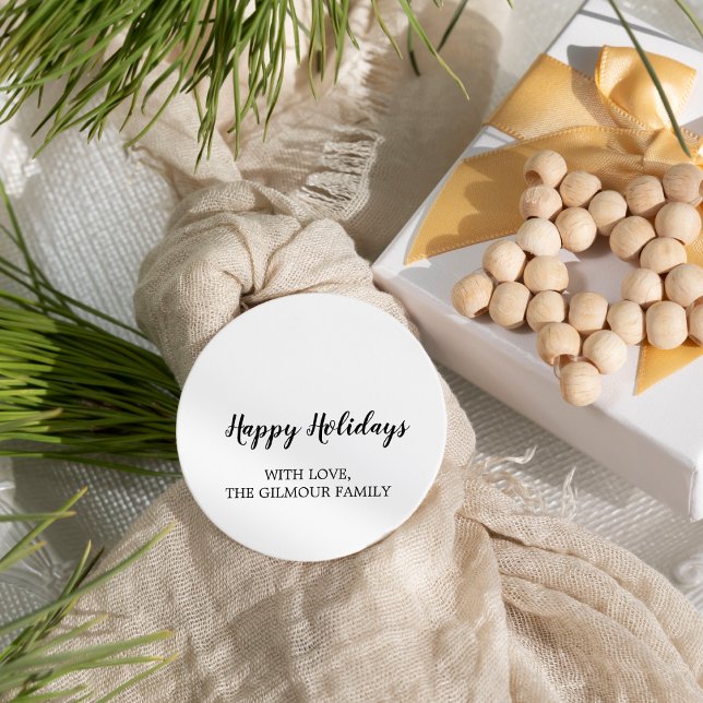 Minimalist Modern Happy Holidays Family Gift Classic Round Sticker (Creator Uploaded)