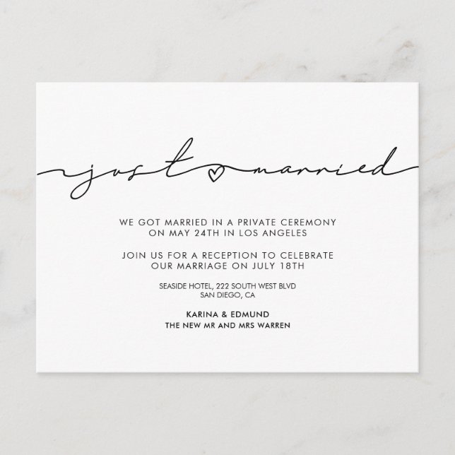 Minimalist modern Just married announcement Postcard (Front)