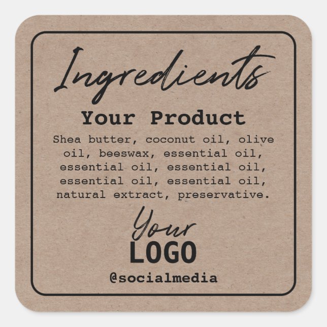 Minimalist Modern Kraft Ingredients Logo Square Sticker (Front)