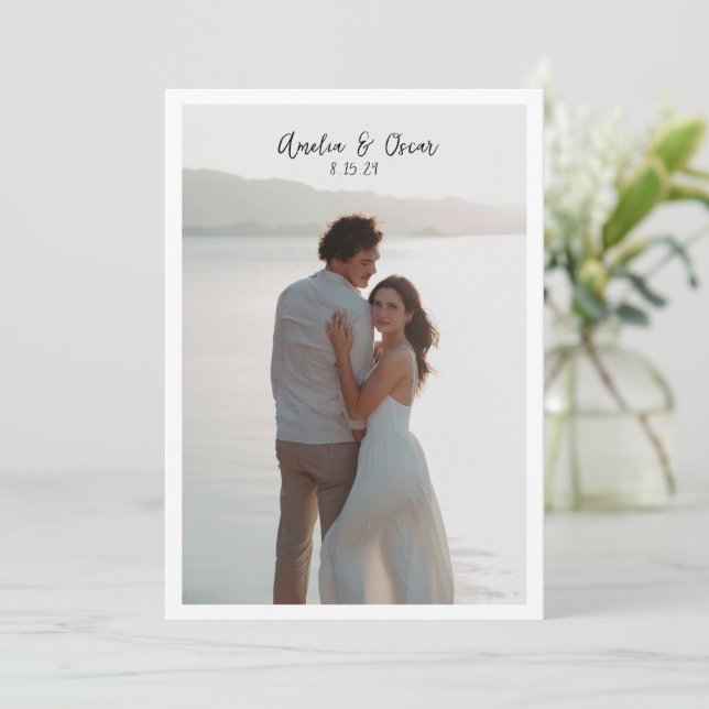 Minimalist Modern Large Photo Stylish Script Save The Date (Standing Front)