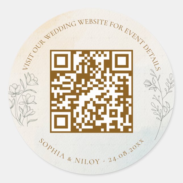 Minimalist Modern Line art Wedding QR code Classic Round Sticker (Front)