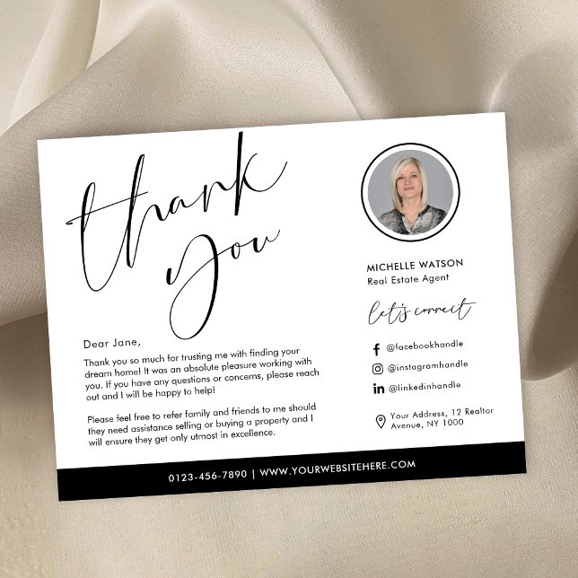 Minimalist Modern Logo Real Estate Photo Thank You Card (Minimalist black and white real estate thank you cards with photo and custom message)