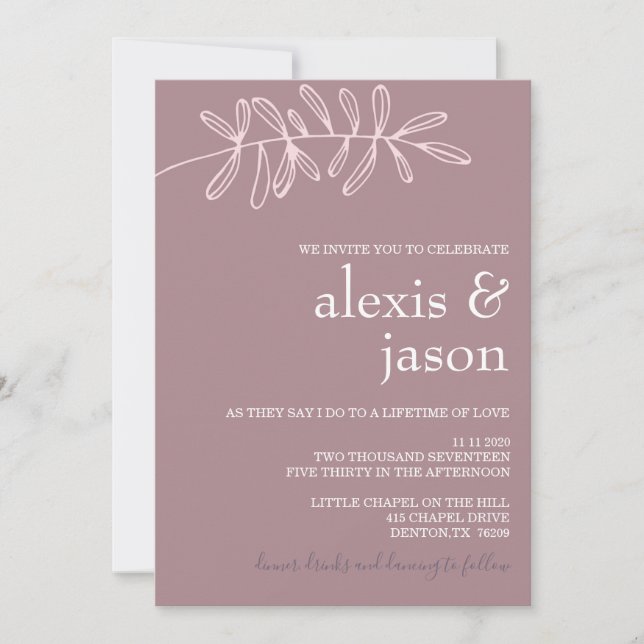 Minimalist Modern Mauve Floral Wedding Invitation (Front)