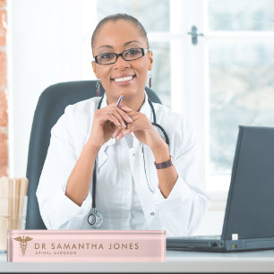 Minimalist Modern Medical career caduceus Pink Nameplate