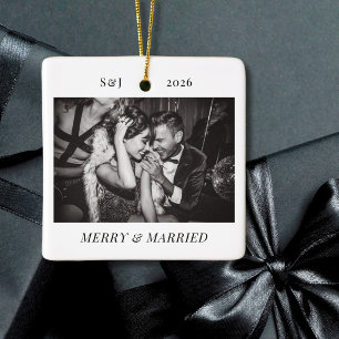 Minimalist Modern Merry and Married Couple Photo Ceramic Ornament