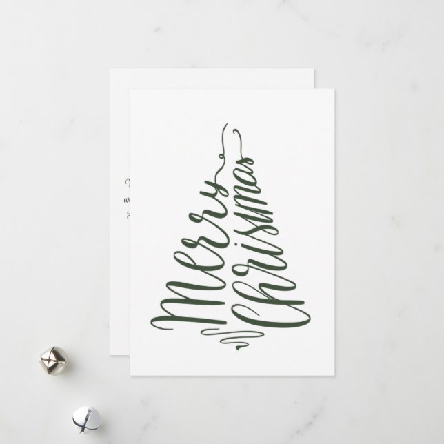 Minimalist Modern Merry Christmas GreenTree Script Holiday Card (Front/Back In Situ)