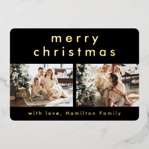 Minimalist Modern Merry Christmas Two Photo Foil Holiday Card