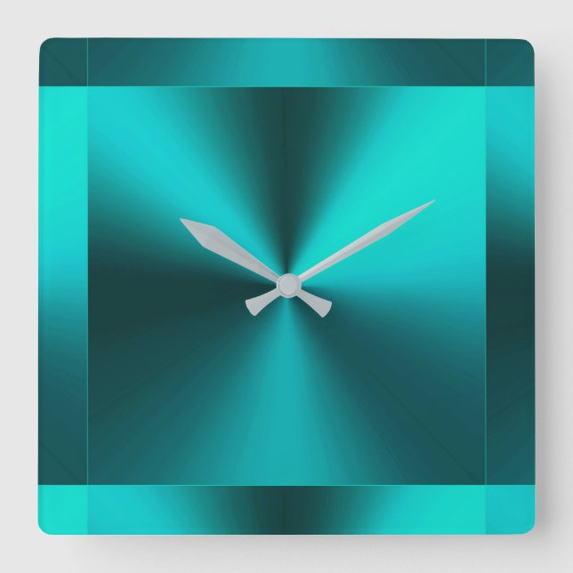 Minimalist Modern Metallic Teal Blue Green Square Wall Clock (Front)