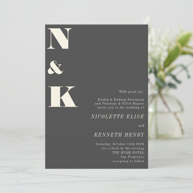 Minimalist Modern Monogram Black Bold Wedding Invitation (Standing Front)