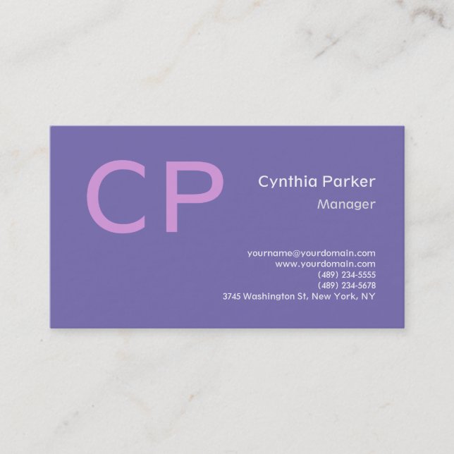 Minimalist Modern Monogram Periwinkle Lavender Business Card (Front)
