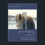 Minimalist Modern Navy Blue Photo Save The Date Postcard<br><div class="desc">Announce your special day with this Elegant Photo Save the Date Postcard, featuring a clean, modern design with a navy blue backdrop and space for your favourite photo. Personalize it with your names, wedding date, location, and website to keep your guests informed and excited. Perfect for couples who love timeless...</div>