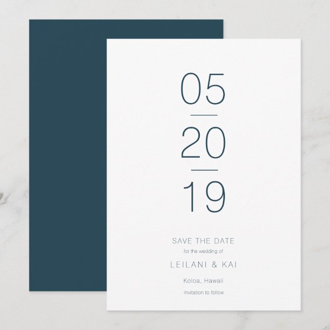 Minimalist Modern  Navy Blue Save the Date Card (Front/Back)