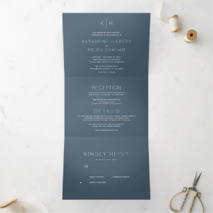 Minimalist Modern Navy Photo Wedding All in One Tri-Fold Invitation